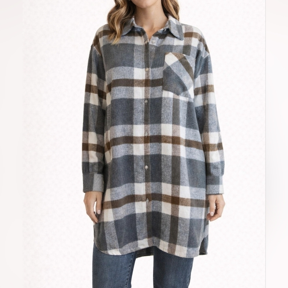 Women's Eden & Olivia Gray Brown Plaid Button Down Shirt M